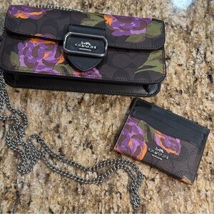 Coach Black Purple Orange and Green Floral Wallet/Crossbody Bag and Card Holder